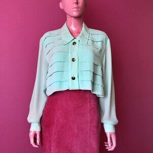 Vintage 80s M/L Chiffon Blouse Aqua Pastel Bill Blass Pleat Gold Button Down Top